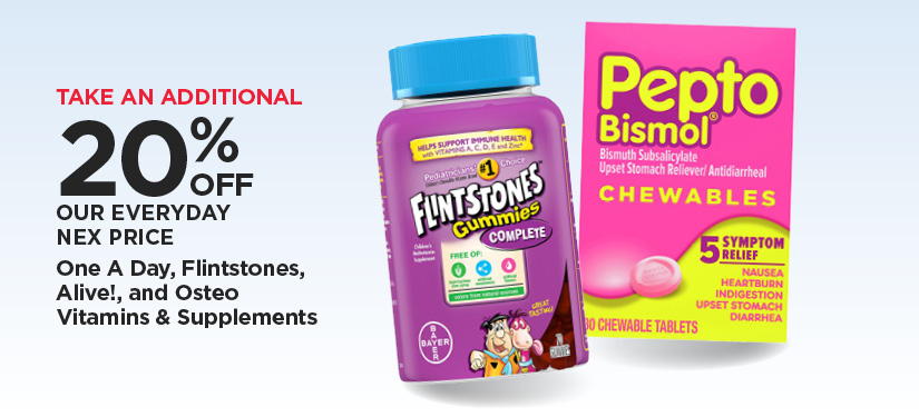 Take An Additional 20% Off Our Everyday NEX Price One A Day, Flintstones, Alive!, and Osteo Vitamins & Supplements